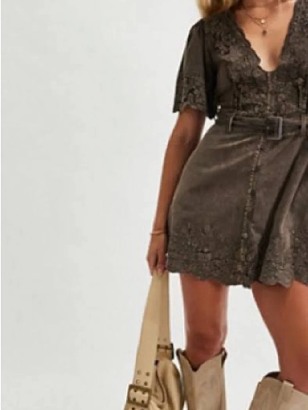 Free People Brown Lace-Trim Mini Dress